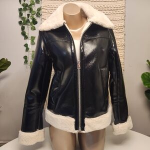 ZARA Black Faux Leather Jacket with Fur Trim